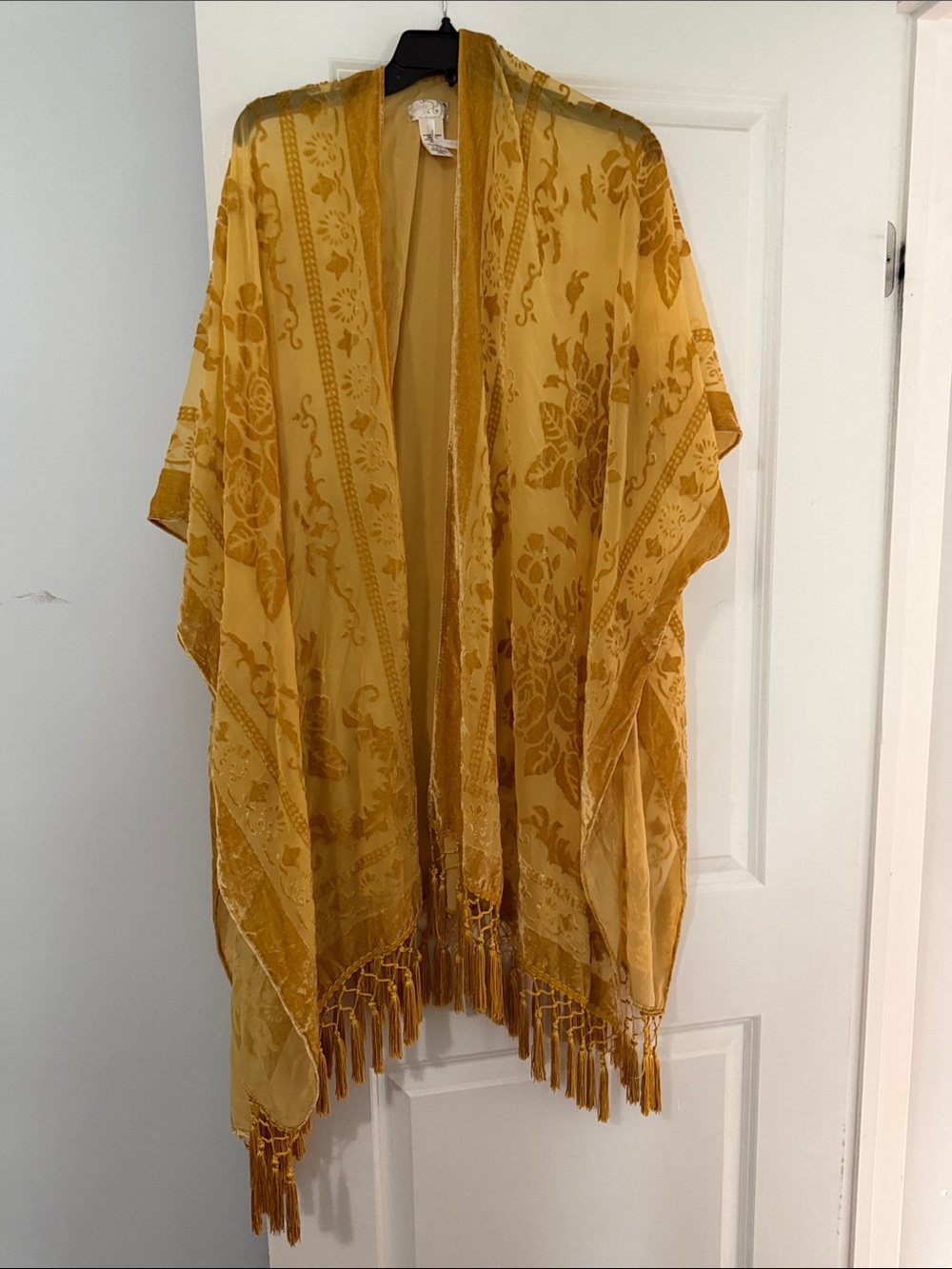 Free people nightbird golden yellow Velvet Burnout Kimono with Fringe